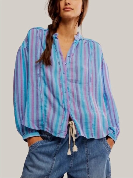 Free People Tops - NWT Free People We the Free Valley Double Cloth Striped Shirt Blue Combo SMALL